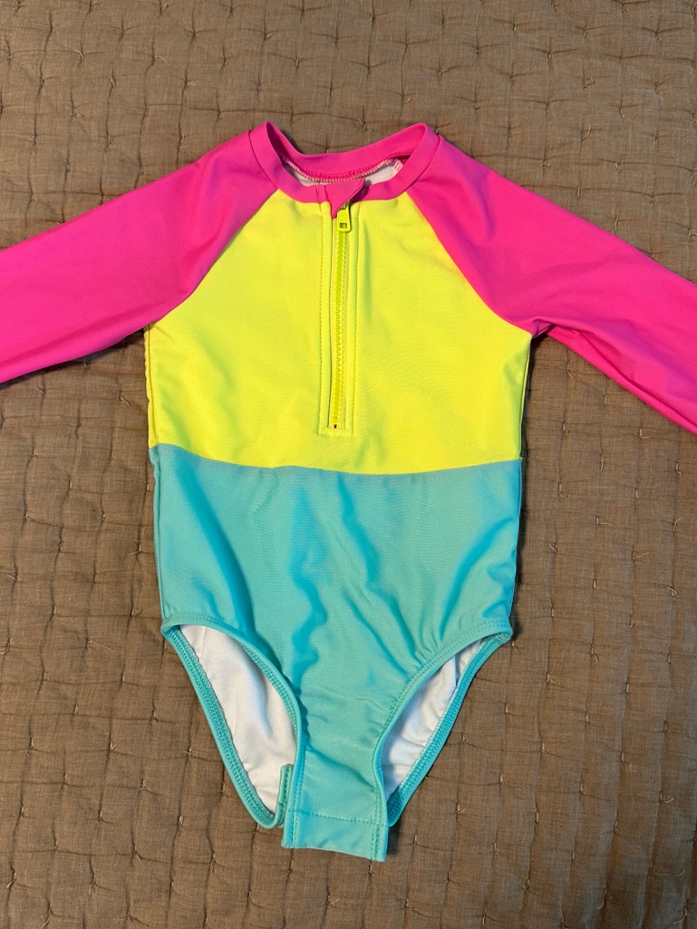 Toddler Colorblock Long-Sleeve One-Piece Swimsuit - Pink, Yellow & Aqua